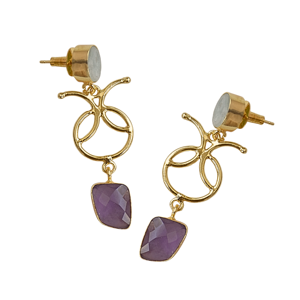 Boucles d'oreilles pendantes plaquées or avec double pierre semi-précieuse améthyste et amazonite, bijoux de créateur en pierres naturelles, fourniture de mode - Product Image 1