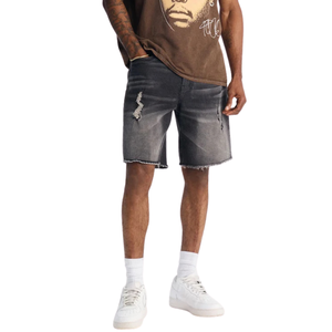 <b>Mens</b> Black Denim Shorts Vintage Washed Knee Length Casual Breathable Quick Dry Distressed <b>Ripped</b> Frayed Hem Streetwear Summer - Product Image 1