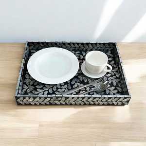 Handcrafted Mother Pearl <b>Tray</b> <b>Black</b> Mosaic Inlay Decorative <b>Serving</b> Storage <b>Tray</b> Wooden Base Luxury Coffee <b>Tray</b> Dishwasher Safe - Product Image 1