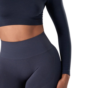 Top Corto Deportivo Elástico de Manga Larga sin Costuras para Mujer, Color Azul Marino Oscuro, para Entrenamiento Físico, Ejercicio y Ropa Deportiva - Product Image 6