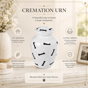 Urne funéraire artisanale blanche pour cendres d'animaux (chien, chat) - Souvenir commémoratif en métal avec motif imprimé os noir et fermeture sécurisée - Product Image 5