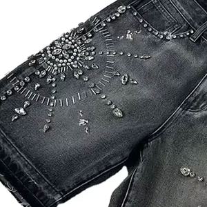 Pantalones cortos de mezclilla Acidwash con diamantes de imitación negros Unisex de lujo Diseño de cristal Sunburst Ropa de calle personalizada OEM y pantalones cortos de verano - Product Image 6