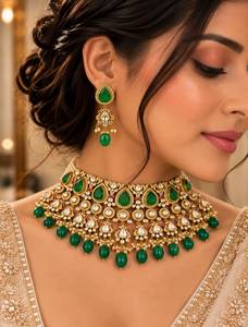 Conjunto de Collar de Perlas de Plata 925 de Primera Calidad con Piedras Verdes Esmeralda, Polki Moissanite, Acabado en Oro Antiguo, Joyería Nupcial - Product Image 1