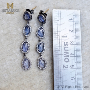 Natural Blue Sapphire & Halo Diamond Long <b>Earrings</b> Oxidized 925 Sterling Silver <b>Dangle</b> Drop <b>Earrings</b> Handmade Wholesale - Product Image 2