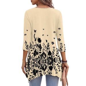Chemisier ample en rayonne beige à motif floral damassé, imprimé vintage, col rond, ourlet à volants, style bohème pour femme - Product Image 2