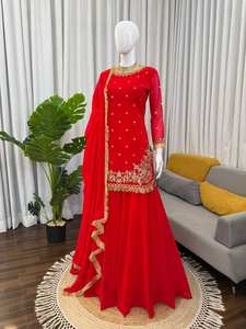 Conjunto de Sharara y Dupatta de Alta Calidad con Bordado de Hilo y Lentejuelas en Georgette C*C, Estilo Vintage para Fiesta, Largo hasta la Rodilla, Corte Regular - Product Image 6