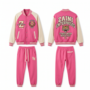 Premium 400 GSM Cotton Fleece Men Varsity Tracksuit Pink Cream Contrast Panel Custom <b>Embroidery</b> Chenille Print Applique - Product Image 1