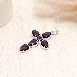 Amethyst Cross Pendant Sterling Silver, February Birthstone <b>Necklace</b>, Purple Gemstone Jewelry, Gift for Her - Product Image 1