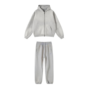 Ensemble de survêtement unisexe vert à capuche, manches longues, fermeture éclair sur le devant, poche, couleur unie, coupe décontractée, vêtement d'automne, 100% coton - Product Image 2
