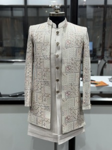 Luxury <b>Men's</b> Ivory Embroidered Indo Western Sherwani Set with Long Jacket <b>Kurta</b> & Pant Designer Wedding Reception Groom Outfit - Product Image 1