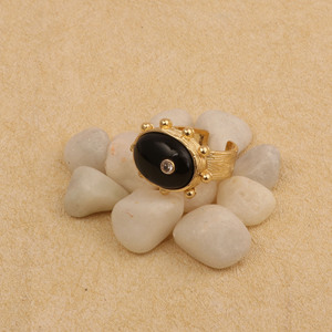 <b>Gold</b> Plated Brass <b>Cocktail</b> <b>Ring</b> With Black Onyx Oval Stone And Crystal Bezel Setting Vintage Style Unisex Jewelry - Product Image 3