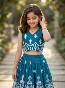 Shoryam Fashion Girls Teal Embroidered Lehenga Choli Kids Traditional Ethnic Wear Crop <b>Top</b> Skirt <b>Festive</b> Wedding Party Dress Set - Product Image 6