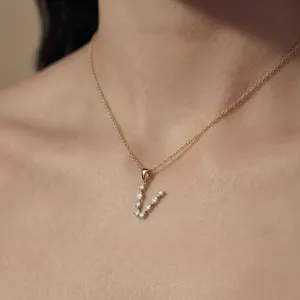 V Alphabet Diamond Pendant 14K Lab Created Gold Plated with <b>D</b>-E Color with VVS Clarity IGI Certified Solitaire Diamond <b>Necklace</b> - Product Image 2