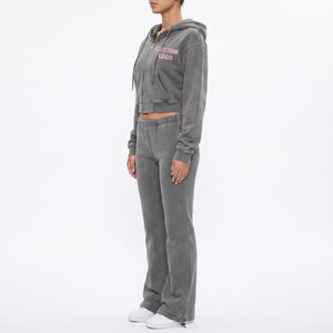 OEM Heavyweight Cotton Solid Women's Vintage Wash <b>Cropped</b> <b>Zip</b>-<b>Up</b> Hoodie & Flared Pants Streetwear Set Custom Logo Oversized - Product Image 1