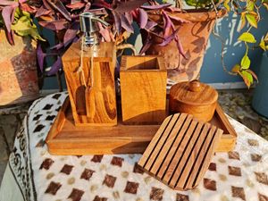 Juego de baño de madera de cinco piezas, rectangular, minimalista, jabonera, soporte para cepillos de dientes, bandeja, fácil de limpiar, accesorios para encimera - Product Image 2