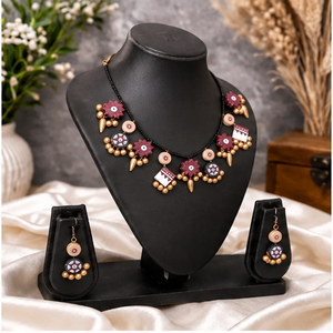 Folk Art <b>Sewing</b> Textile Necklace and Earring Set Painted Floral Wedding Statement Jewelry for Women Gifts - Product Image 6