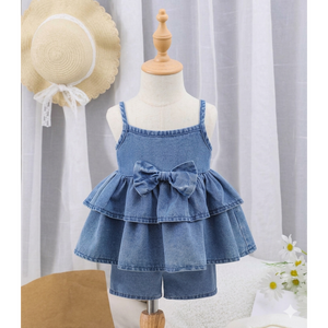 Conjunto de Top de Mezclilla con Volantes y Pantalones Cortos para Niñas con Detalle de Lazo - Product Image 6