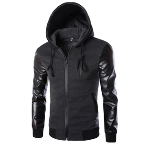 Windproof Terry Fleece Autumn Wear Mens <b>Black</b> Hooded Zip-Up <b>Sweatshirt</b> With Leather Sleeves Slim Fit OEM Service Leather Sleeve - Product Image 1
