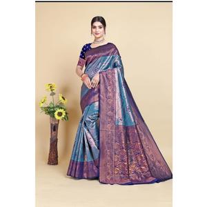Sari en soie Banarasi classique, sari traditionnel indien pour mariage avec bordure Zari riche, disponible à un prix raisonnable - Product Image 1