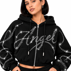 Custom Rhinestone <b>Cropped</b> <b>Zip</b> <b>Up</b> <b>Hoodie</b> Women Sparkle Streetwear Heavyweight Fleece Sweatshirt Wholesale B2B Supplier USA - Product Image 6