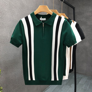 New High Quality Anti-Wrinkle Print Zipper for T-<b>Shirt</b> Men's Short Sleeve Fashionable Lapel Contrast Casual All-Match - Product Image 5