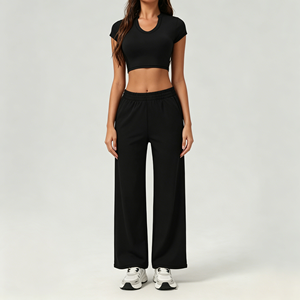 Pantalones Deportivos de Cintura Alta y Pierna Ancha para Mujer, Top Corto de Yoga de Manga Corta, Ropa Deportiva Sólida para Gimnasio con Cintura Elástica - Product Image 2