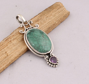 Pendentif en turquoise tibétaine naturelle serti de pierres, en argent sterling 925, vente en gros, pierre précieuse turquoise authentique, fait main - Product Image 3