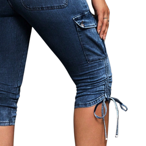 Women <b>Stretch</b> <b>Denim</b> Breathable Washed Cargo Capri Jeans Skinny Mid Rise Drawstring Hem Multi Pocket Casual Cropped Pants Summer - Product Image 4