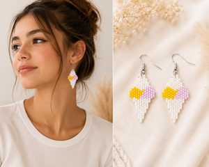 Pendientes de cuentas hechos a mano, joyería colgante con forma de flor blanca, rosa y amarilla, accesorios para mujer - Product Image 3