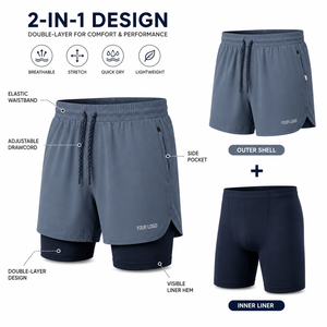 Pantalones cortos de entrenamiento 2 en 1 para hombre Steel Blue Core con cintura elástica y bolsillos laterales, de secado rápido y ajuste deportivo - Product Image 2