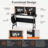 Support de bureau pour ordinateur avec étagère surélevée à double panneau perforé, porte-gobelets et crochets latéraux, structure métallique, OEM ODM, pour la maison, le bureau, l'étude