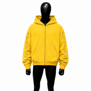 Sudadera con capucha amarilla con cremallera y pedrería, estilo streetwear de lujo, con mangas con cristales multicolor, oversize, gran oferta - Product Image 1