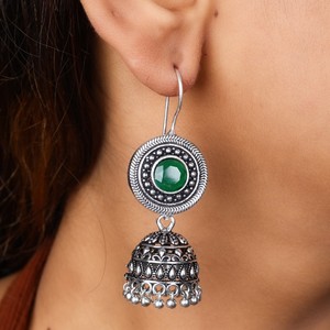 Proveedor Mayorista de Pendientes Jhumka de Plata Oxidada con Piedra Verde, Joyería Étnica Tribal Boho Hecha a Mano, Regalo para Mujer - Product Image 2