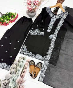 Most Trending Modern Mul Chanderi Embroidery Work Palazzo Set Women Fancy Traditional Outfit Collection 85065 black - Product Image 3