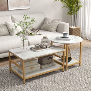 Set of 2 <b>White</b> Faux Marble Top <b>Coffee</b> <b>Tables</b> Rectangle & Round Storage Shelves for Living Room Center <b>Table</b> Set - Product Image 2