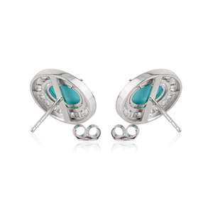 Boucles d'oreilles clous ovales 9x6mm en turquoise et halo de diamants, design exquis, faites à la main en or blanc massif 14K, bijoux personnalisés en gros - Product Image 6