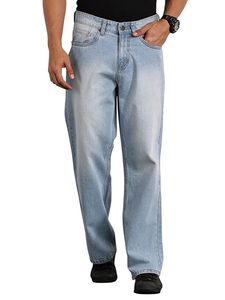 Jean ample pour homme 100 % coton écologique, coupe moderne, jambe large, taille mi-haute, bleu délavé, style vintage décontracté - Product Image 1
