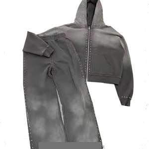 Survêtements zippés pour hommes en coton 100% French Terry, entièrement ornés de strass, effet délavé, coupe ample, vente en gros - Product Image 1