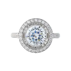 New Design Art Deco 3CT Round Cut Moissanite Diamond Halo Engagement Ring, Bezel Set Milgrain Wedding Ring For Women