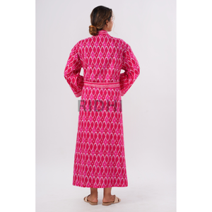 Bata de Baño Kimono para Mujer 100% Algodón Puro, Estampado Floral Ikat Rosa sin Costuras de Ridhi's, Transpirable para Primavera y Otoño - Product Image 2