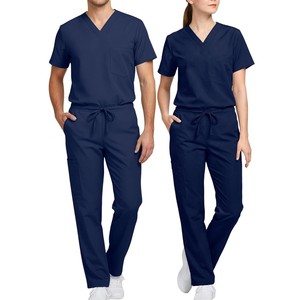 Conjunto de Uniforme Médico Unisex Azul Marino con Cuello en V, de Algodón y Poliéster, para Hospital, Pantalones y Blusa, OEM ODM - Product Image 1