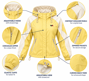 Chaqueta Cortavientos con Capucha para Mujer, Color Amarillo Pastel Crema, con Solapa Protectora y Mangas Curvas, Modelo 2026, Superventas, Fabricación OEM B2B - Product Image 5