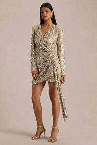 Mini-robe moulante à sequins dorés, décolleté plongeant, avec ceinture, style hip-hop sexy, col en V, pour soirées et événements, best-seller - Product Image 5