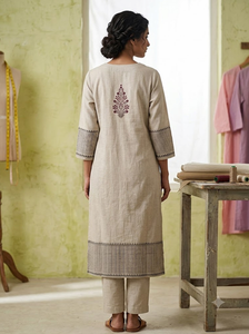 <b>Women</b> Beige Cotton Embroidered <b>Kurta</b> Loose Fit Ankle-Length Traditional Casual Ethnic Wear India Pakistan Style - Product Image 3