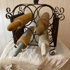 Vintage rolling pin holder- wood and metal- <b>spots</b> for 4 rolling pins - Product Image 4