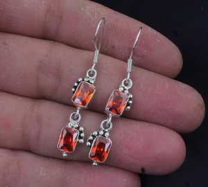 Boucles d'oreilles pendantes en argent avec zircon orange et quartz, faites à la main, bijoux élégants, cadeau pour filles et femmes - Product Image 3
