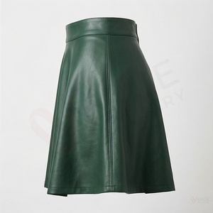 กระโปรงมินิหนังเทียมเอวสูงสำหรับผู้หญิง สีเขียวเงา ทรงเอไลน์ - Product Image 3