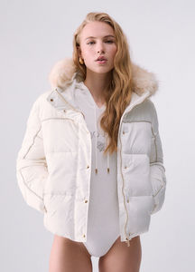 Chaqueta acolchada de invierno para mujer con capucha de piel blanca, abrigo cálido con cremallera completa - Product Image 2