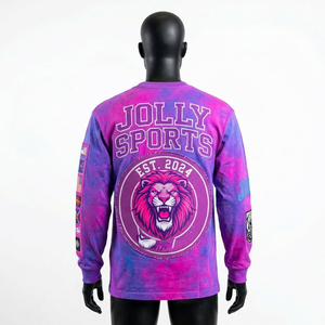 เสื้อยืดแขนยาวผ้าคอตตอนผสมคุณภาพสูงสำหรับผู้ชาย สีม่วงชมพู ลายมัดย้อม พิมพ์โลโก้ตามสั่ง ผ้าฝ้าย 100% ทรงหลวม แขนยาว - Product Image 2