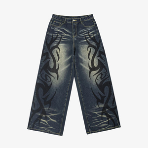 Pantalones Vaqueros con Estampado Gráfico, Corte Holgado, Diseño Personalizado, Lavado Vintage, Estilo Barrel, Rectos, Streetwear, Hip Hop, Y2K - Product Image 1